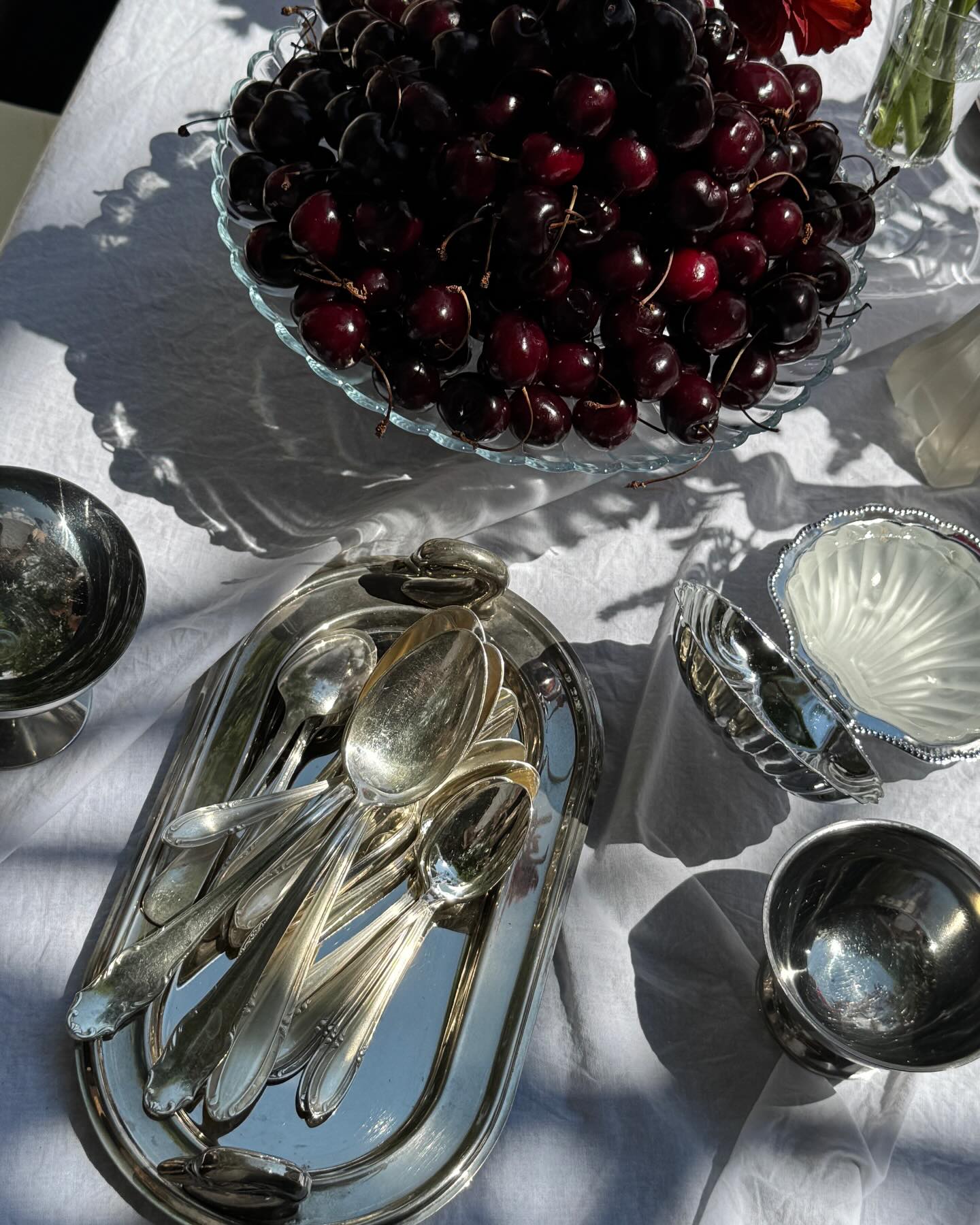 Cherries and silverware in the sun